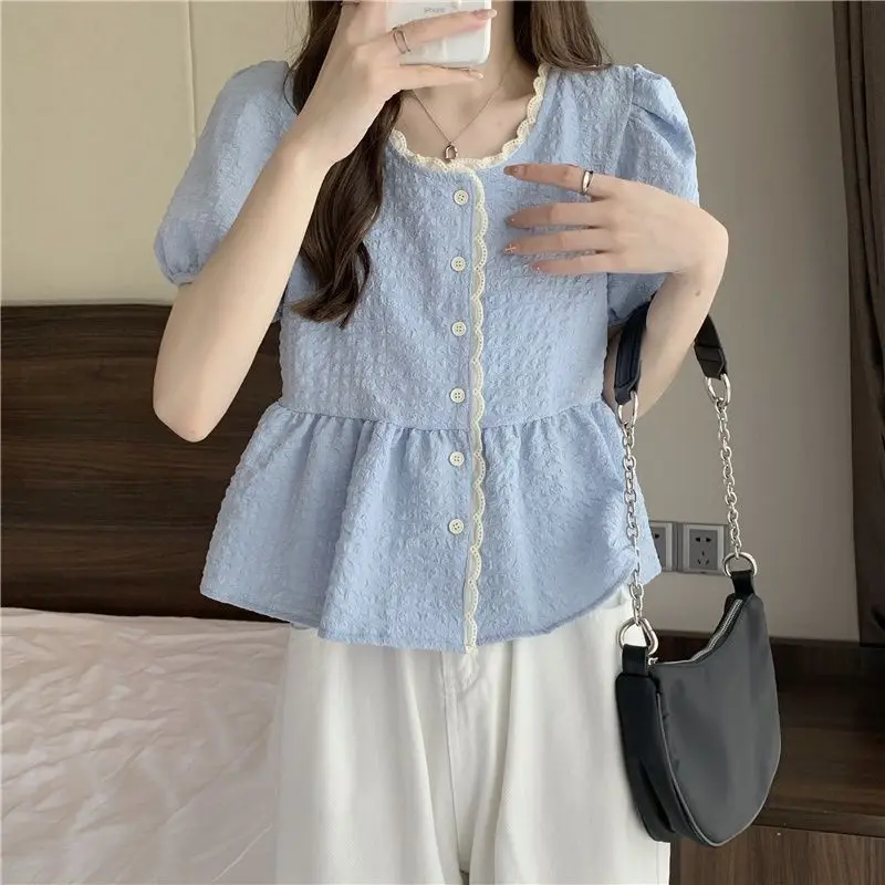 Ruffle Shirts and Blouses Korea Short Sleeve Top Women 2024 Summer Button Sweet Blouses Cute Elegant Solid Fashion Lace Clothes