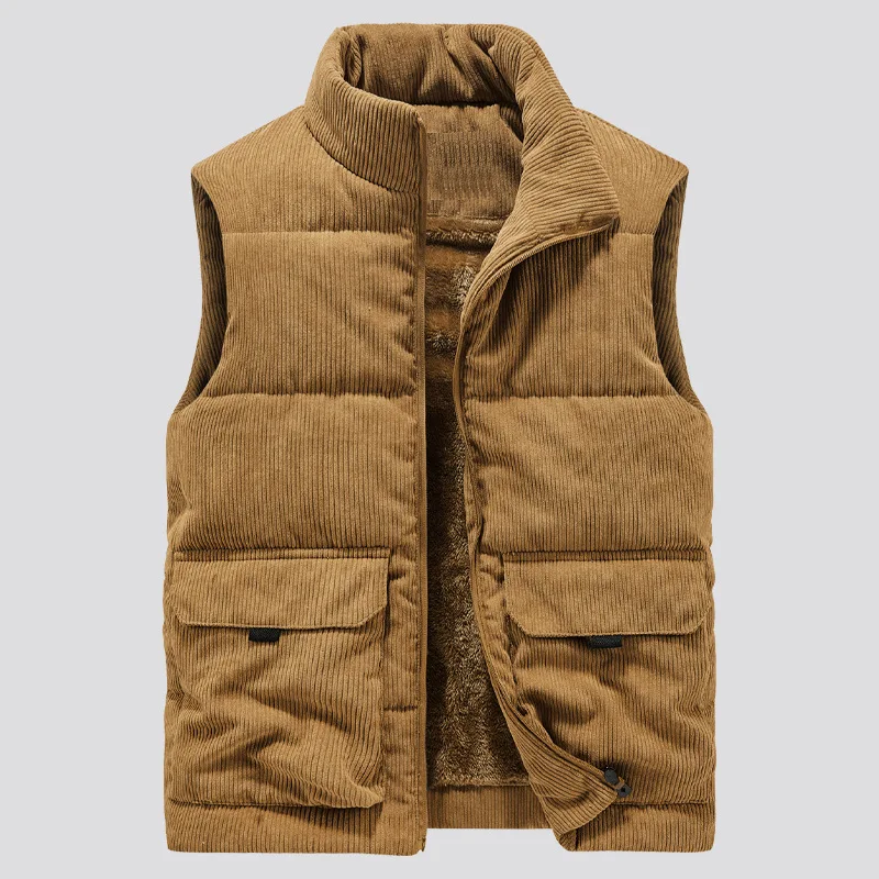 

8775 Winter Classical High Quality Corduroy Vest Warm Thicken Fleece Coats For Man Handsome Simple Multiple Pockets Jackets Male
