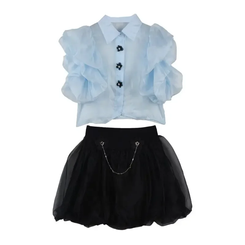 Gagarich Exquisite Set Skirt Summer Bubble Sleeves Shirt Fluffy Half Skirt Luxury Feeling Sweet Cool 2 Piece Set Women Clothing