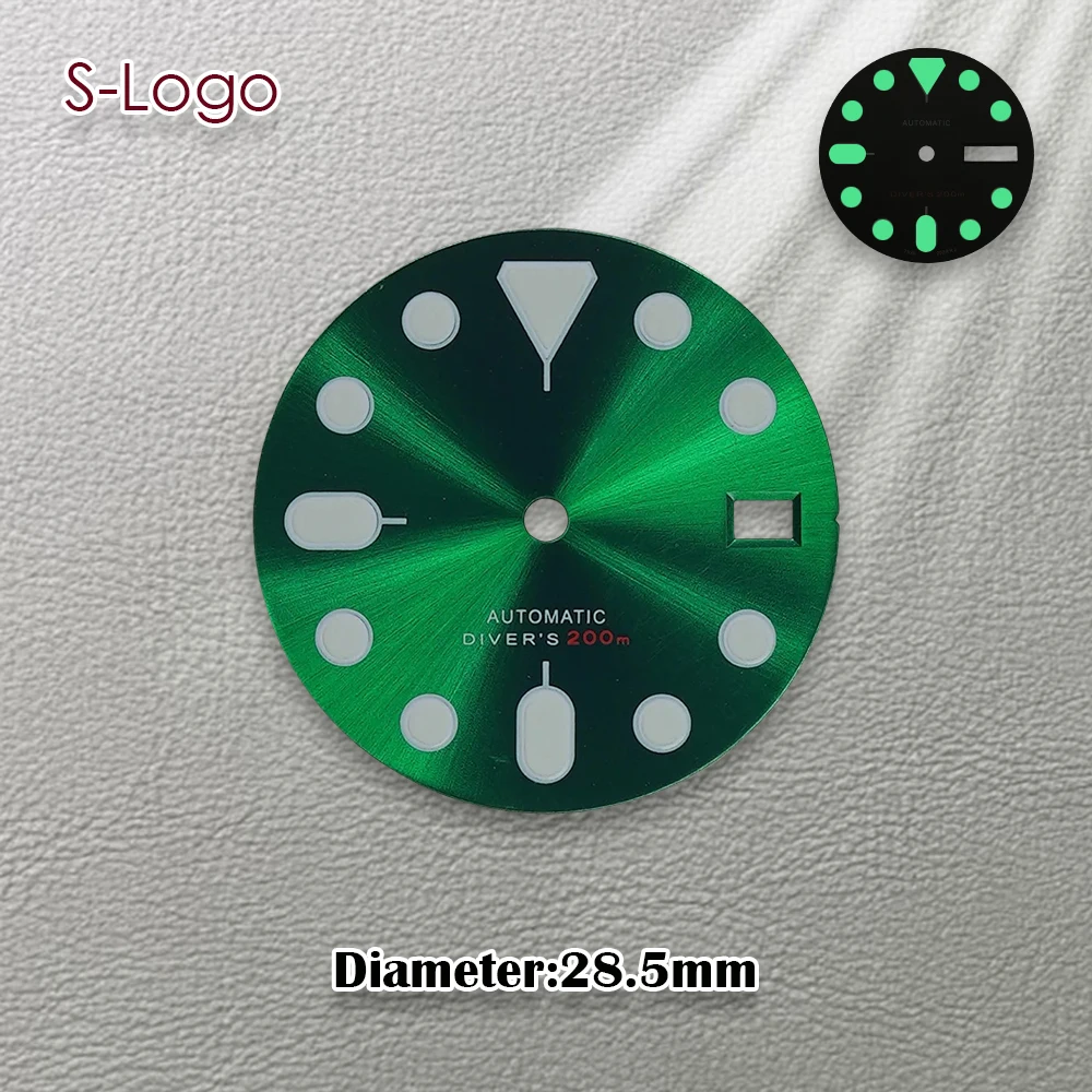 Mostrador de mergulho nh35 com logotipo s 28.5mm, adequado para movimento nh34/nh35/nh36, mostrador verde luminoso, acessórios de modificação de relógio