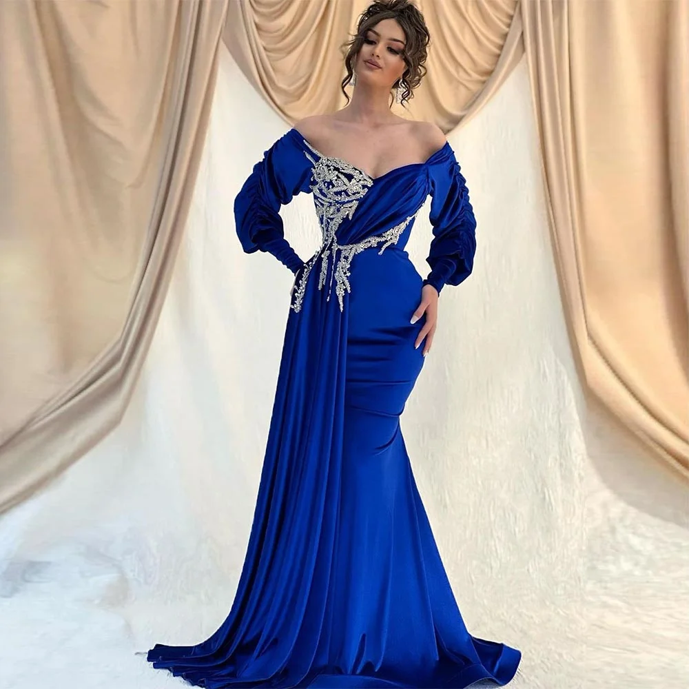 Saudi Arabric Evening Dress Royal Blue Dresses for Women Elegant Evening Long Sleeves Prom Dress Mermaid Formal Party Gown Vneck