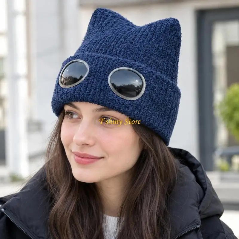 N58F Pilot‑Style Cats Ear Knit Brimless Hat, Detachable Decor Goggle, Thick Acrylic Warm Winter Pullover Cap, Hip‑Hop