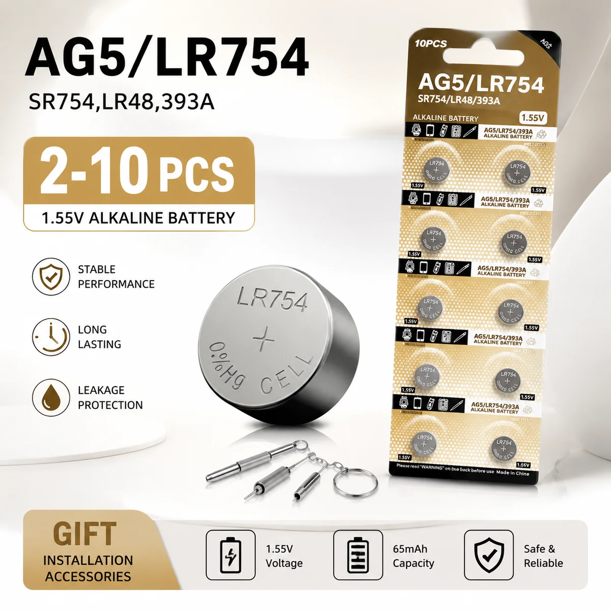 Alkaline Button Cell Battery AG5 LR754 1.55V 2-10PCS, 193 393 SR754 L754 SR754SW LR48 For Watch Toy Clock Replacement Battery