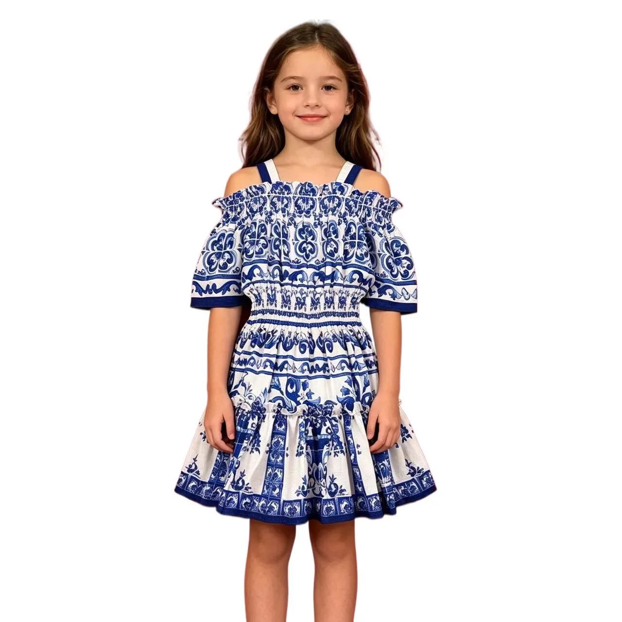 High end children's clothing 2026 Summer New Girls' off-shoulder Dress flower Print Children's Dress blue flower party dress
