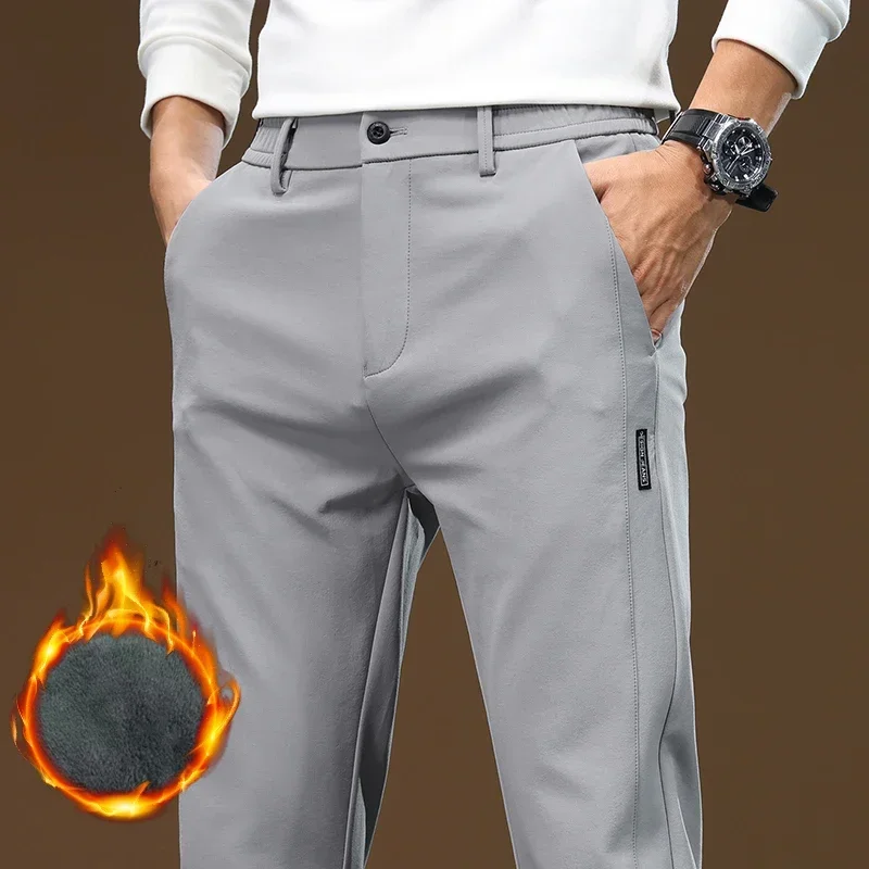

Thickened Fleece Men's Casual Pants Winter Plush Versatile Solid Color Trousers Slim Straight Warm Chic Business Thermal Pants