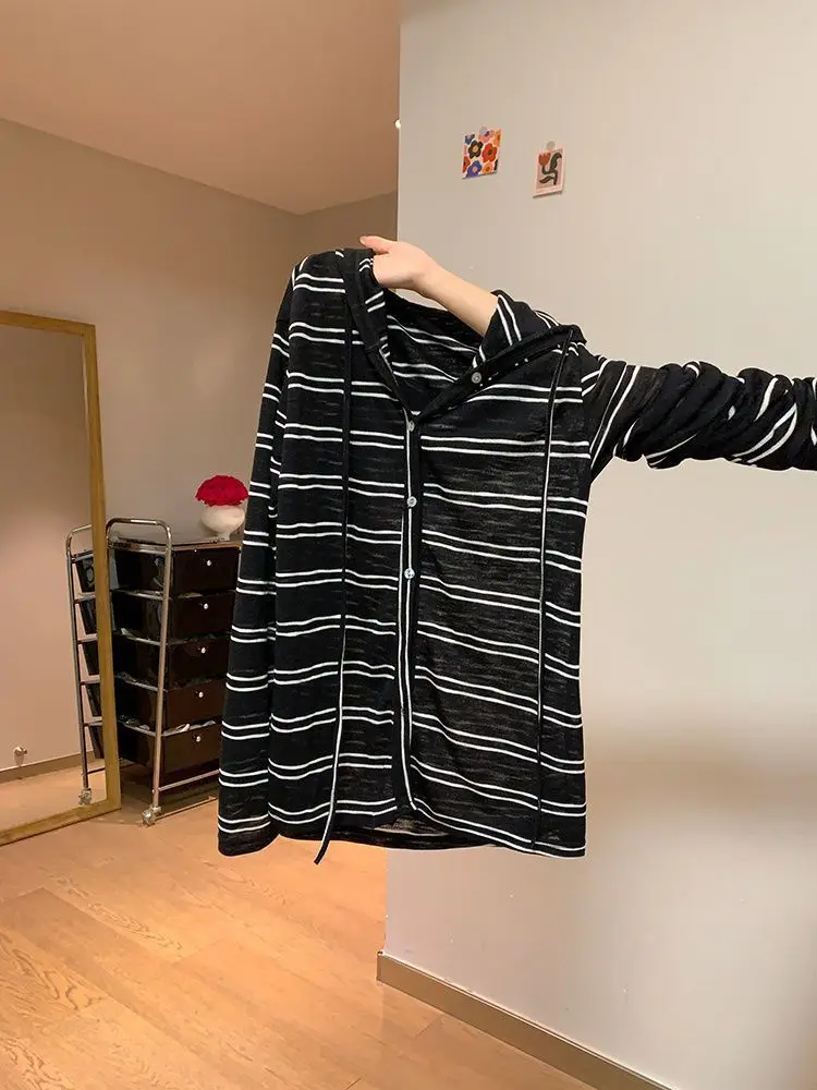Y2k Aesthetic Stripe Hooded Jackets Women Grunge Single Breasted Loose Coat Streetwear Casual Drawstring Tops