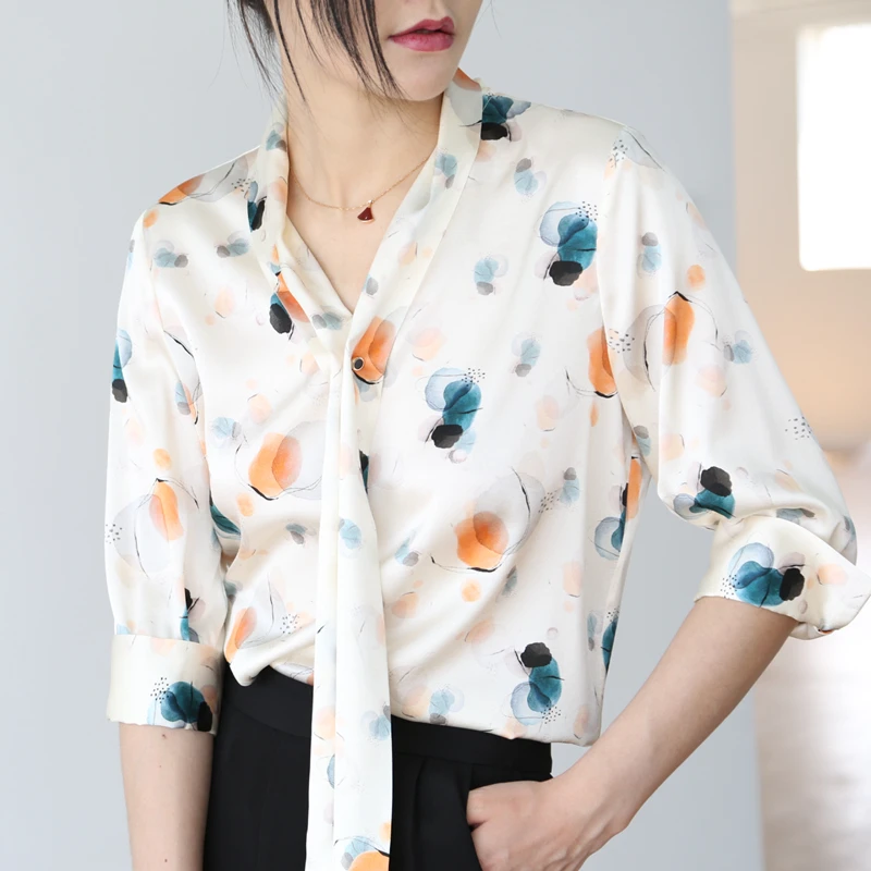 

Silk Satin Print Blouse V-Ne f Sve Overhead Sle irt Tie ape CY78 Commute Sle OL Sle Regular Sve Length