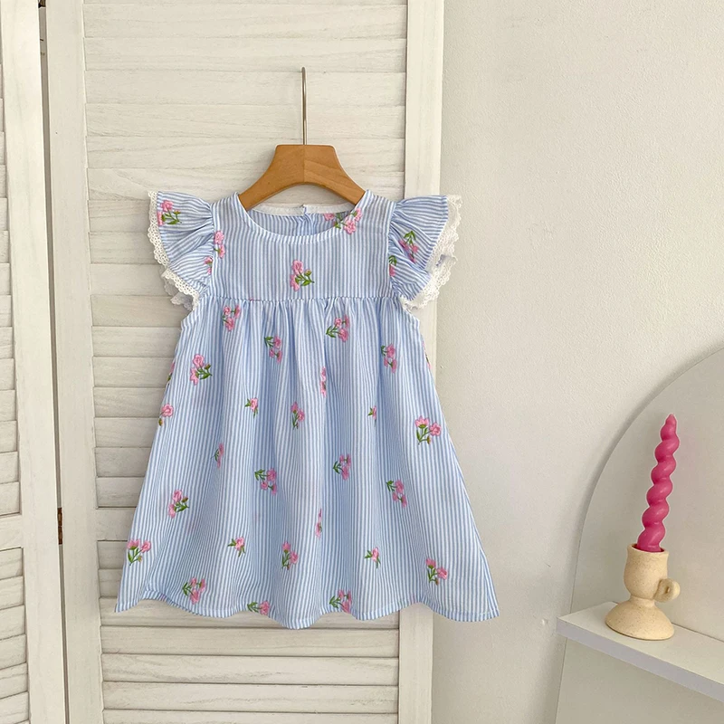 2026 New Summer 2-6Yrs Princess Round Neck Dress Striped Baby Girl Dress Flying Sleeve Cotton Embroidery Blue Sweet Dress