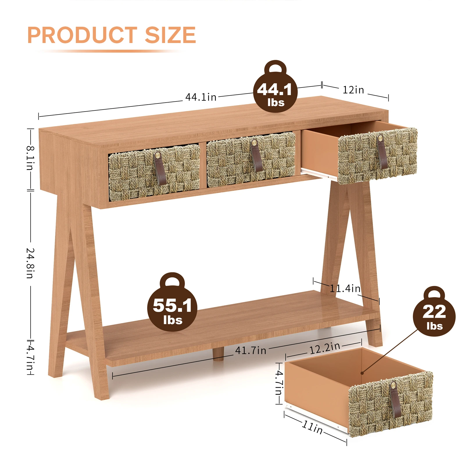 Mesa de console moderna com armazenamento para entrada, mesa de entrada multifuncional com 3 gavetas, prateleira aberta