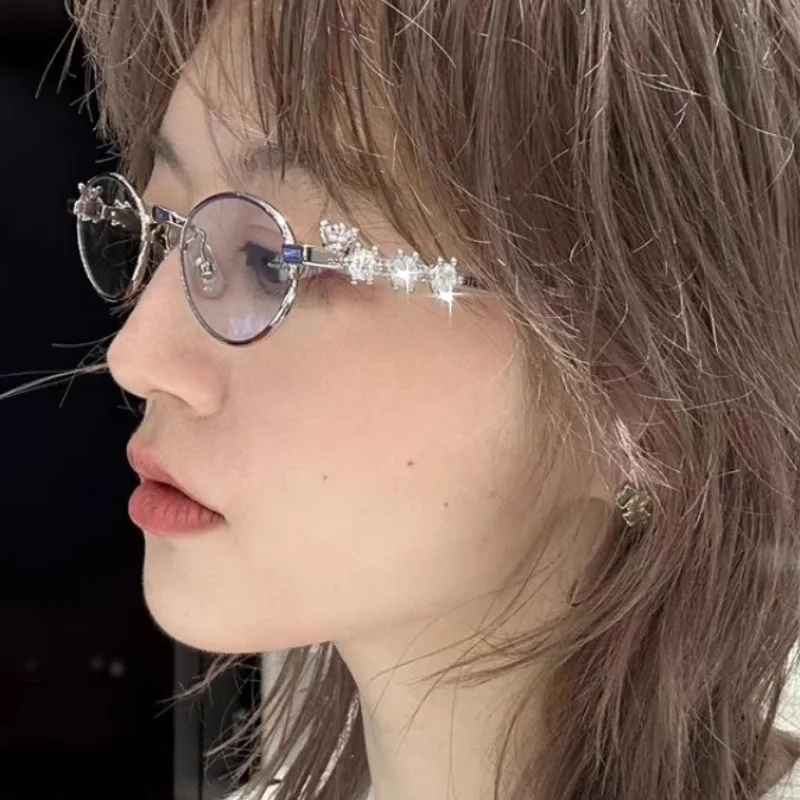 

Rhinestones Small Oval Shades Eyeglasses Women Retro Metal Frame Glasses Korean Fashion Eyewear Anti Blue Light Computer Glasses