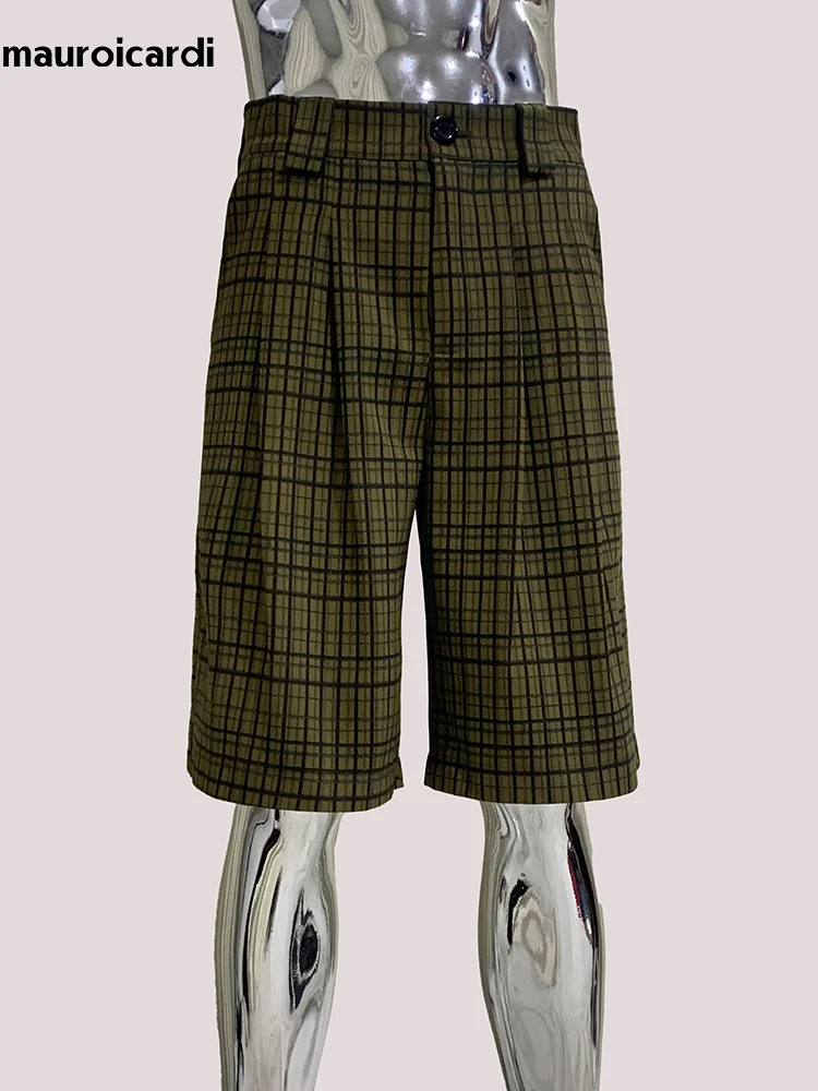 Mauroicardi Spring Summer Casual Colorful Plaid Gingham Straight Shorts for Men High Waist Calf-Length Pants Emo Clothes 2025