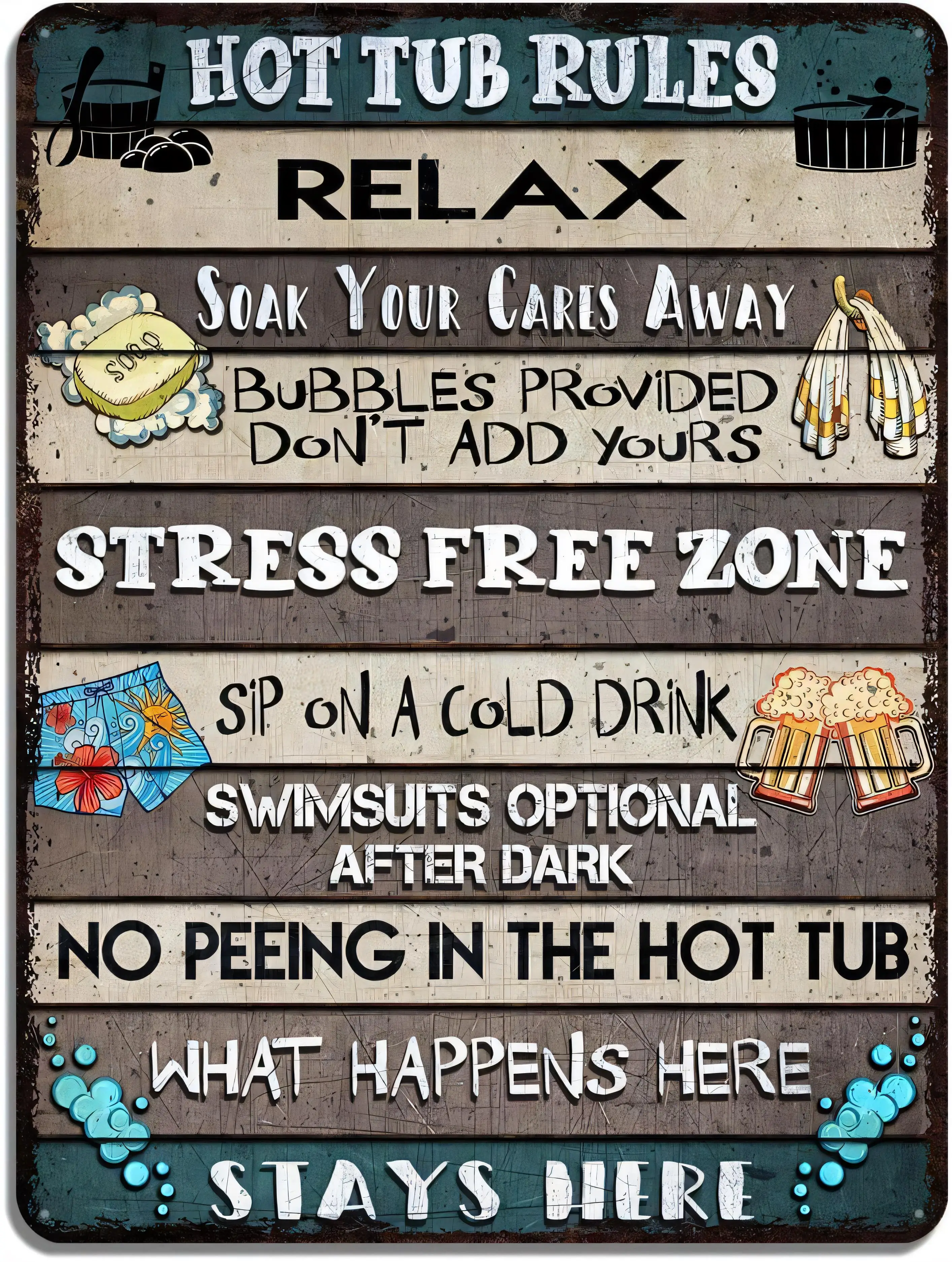 Hot Tub Rules Relax Soak Your Cares Away Metal Tin Sign Aluminum Wall Decor Art Vintage Bar Home