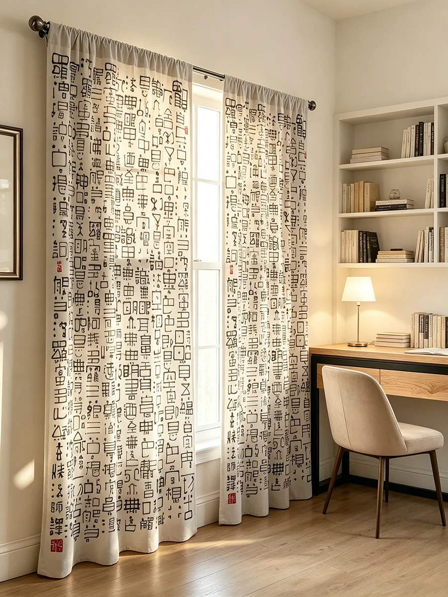 2PCS Digital Print Curtains Chinese Ancient Seal Script Calligraphy Print Oriental Study Living Room Window Drapes