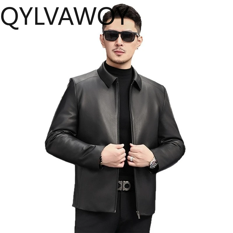 

Кожаная куртка QYLVAWOY из натуральной овчины, черная, мужская, с отложным воротником, со съемным утеплителем из гусиного пуха, повседневная