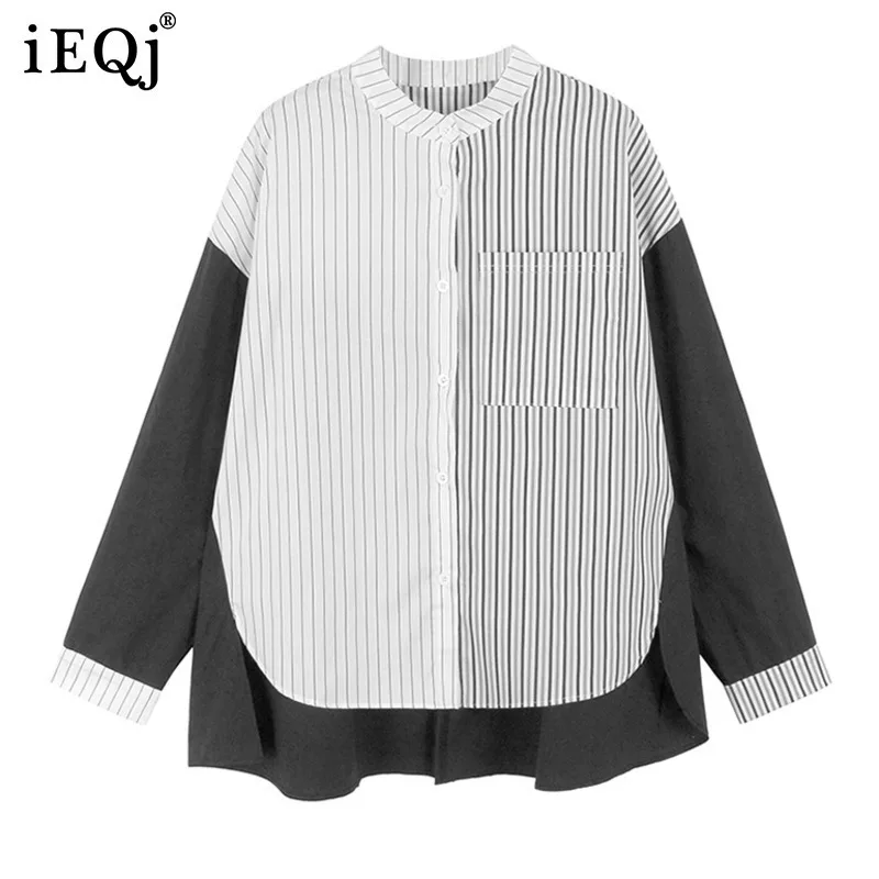 IEQJ Striped Spliced Blouse Women New Stand Neck Long Sleeve Single Breasted Shirt Fashion Tide Spring Autumn 2025 1DH8749