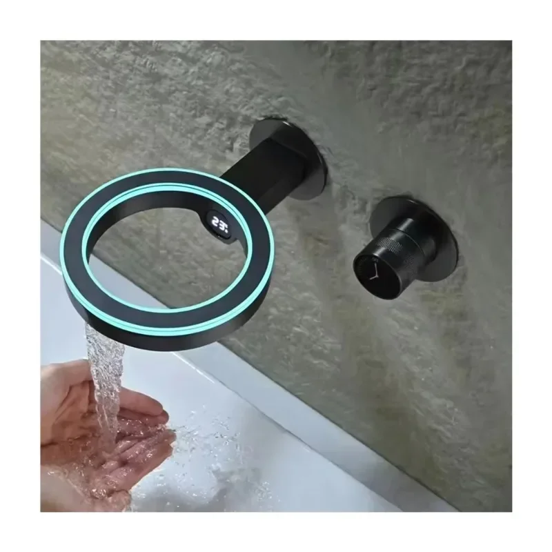 2024 New Design Power Ringlike LED Digital Display Bathroom Sink Hidden Wall Mounted Mixer Faucet