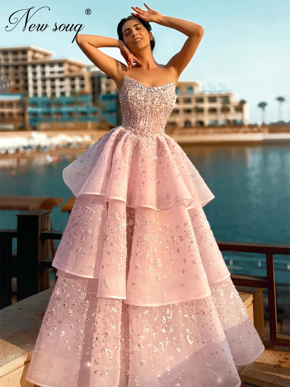 

New Pink Puffy Tiered Skirt Beaded Evening Dresses Customized Crystals Engagement Dress Birthday Party Gowns Vestidos De Noche