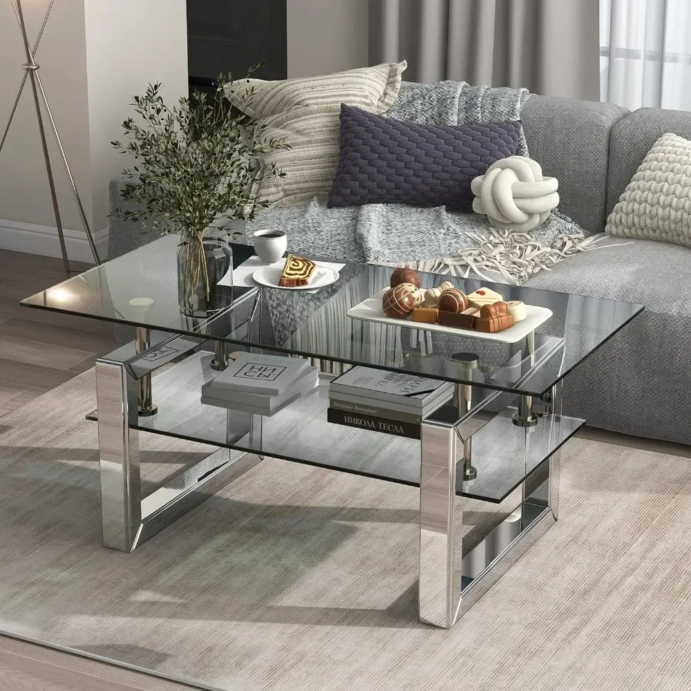 Couchtisch aus Glas, moderne Couchtische mit unterer Ablage und verspiegelten Beinen für Wohnzimmer, Heimbüro, Couchtisch