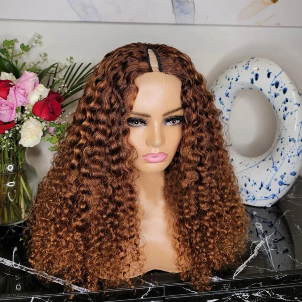 

Super Orange Brown Kinky Curly Human Hair 1x4 Opening V Part Wigs for Black Women Glueless 200%Density Adjustable U Part Wigs