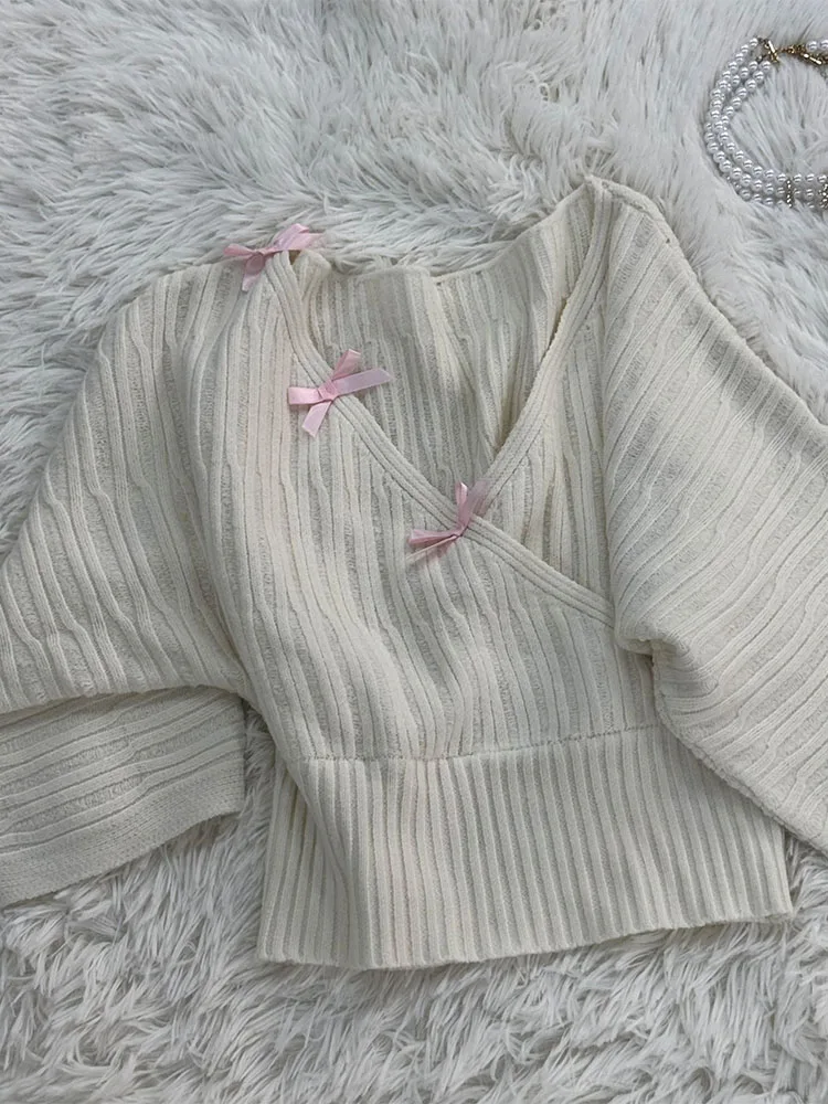 

Модный корейский вязаный свитер с узлом, рукавами «летучая мышь» и V-образным вырезом, уникальный дизайн, осенне-зимняя женская мода