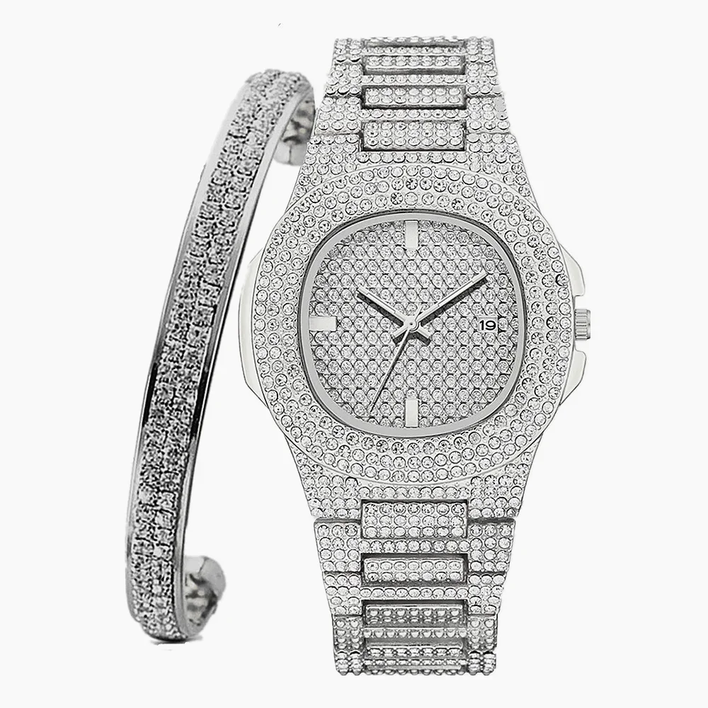 

Iced Out Часы + Браслет для Женщин Bling Miami Браслет Iced Out Часы для Женщин Роскошные Золотые Часы Набор Женщин Relojes Para Mujer
