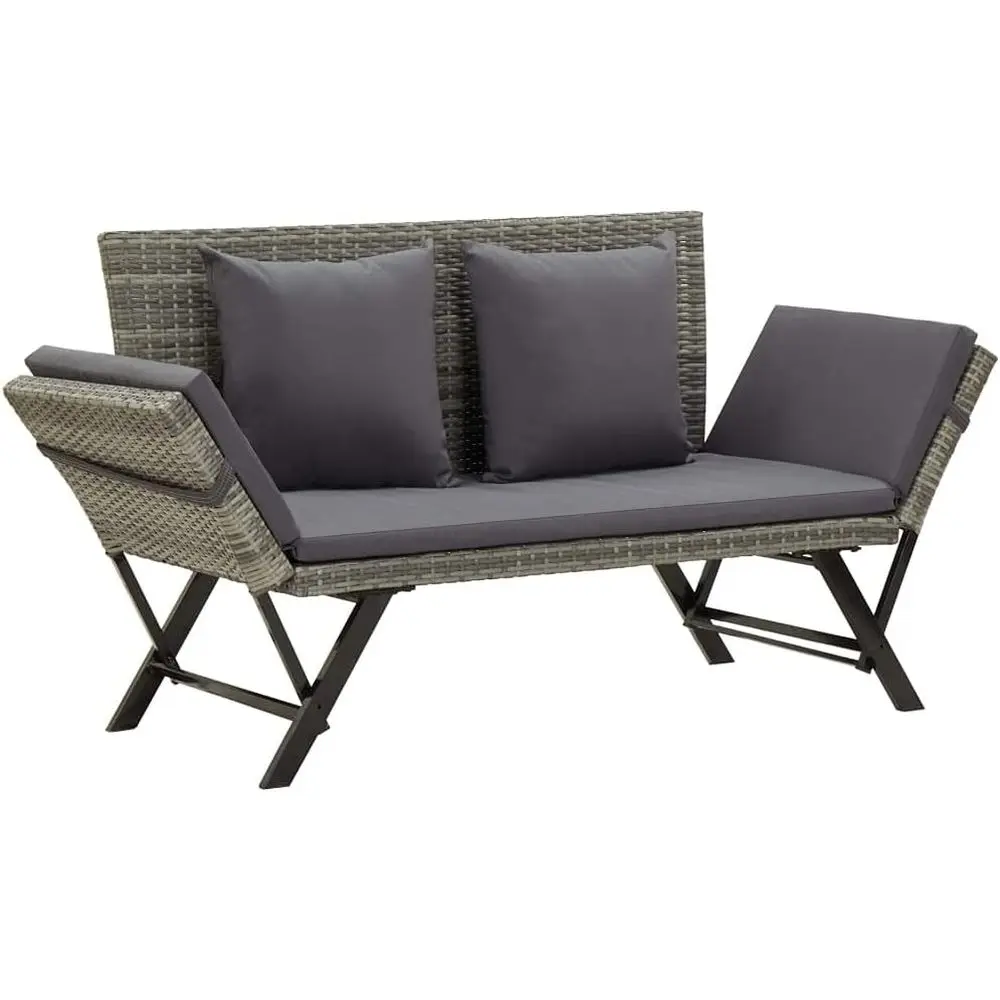 vidaXL Convertible Patio Bench/Sun Bed with Cushions, Weather-Resistant Gray Poly Rattan, Steel e, Adjustable Sides and Removabl