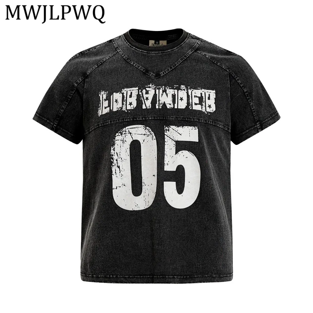 

MWJLPWQ Retro Punk Print Distressed Washed T-Shirt Men's Street Style Deconstructed Patchwork Short Sleeve Ins Summer Tee 15202