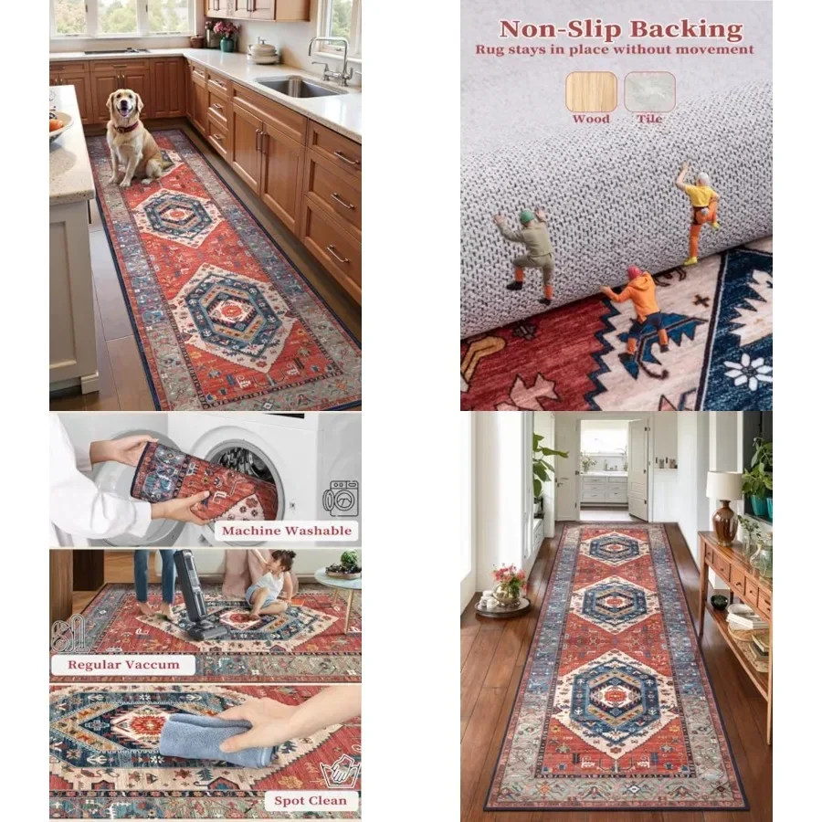 

Runner Rug for Hallways, 2'6x10' Washable Non Slip Kitchen Runner Rug, Long Boho Rug Vintage Rust Hallway Stair Ultra Soft Prin