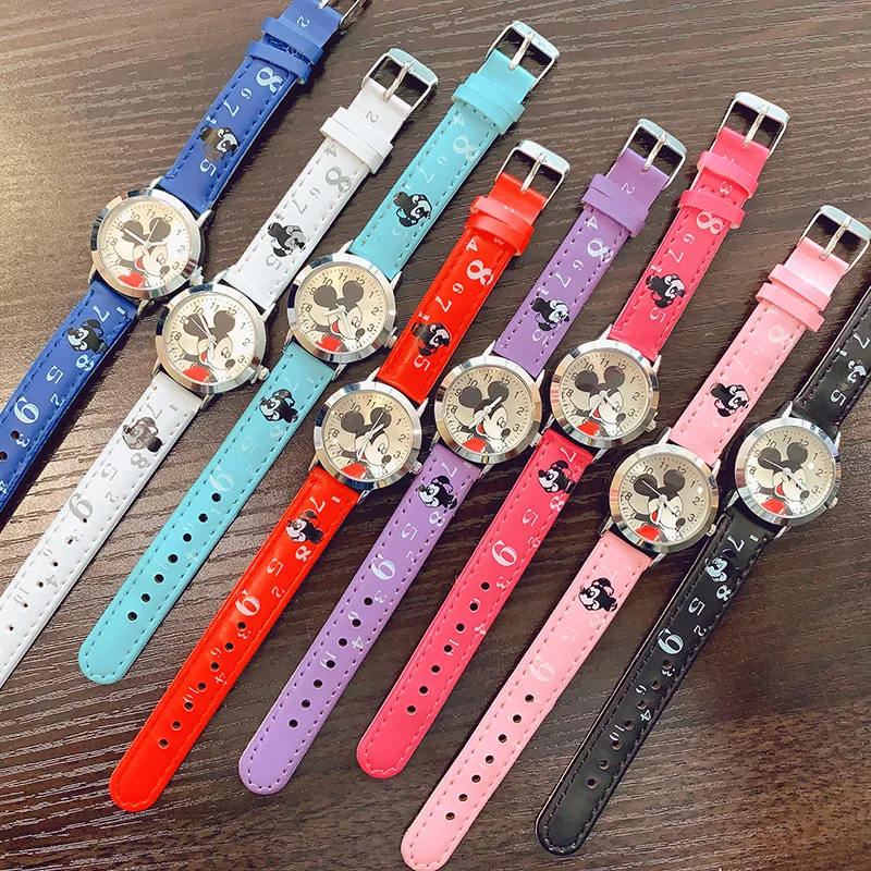 New Cute Mickey Kids Watch Fashion PU Watch Strap Cartoon Quartz Watches for Boy Girls Waterproof Children Wristwatch Clock Gift