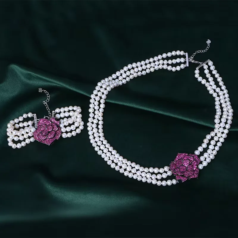 

18 дюймов, 3 нити, культивированный белый жемчуг, цветок, браслет с фианитом, 8 дюймов, ожерелье, комплекты 20 дюймов