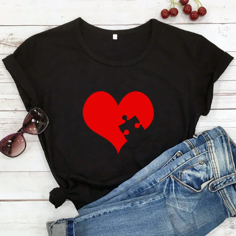 Puzzle Red Heart Print Couple T Shirt Lovers Short Sleeve O Neck Loose Tshirt Fashion Woman Man Tee Shirt Tops Clothes
