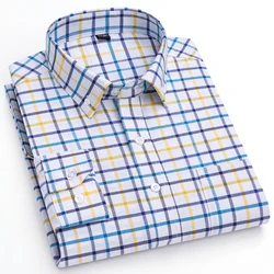 Men's 100% Cotton Long Sleeve Plaid Checkered Shirts Single Patch Pocket Standard-fit Button-down Striped Casual Oxford Shirt