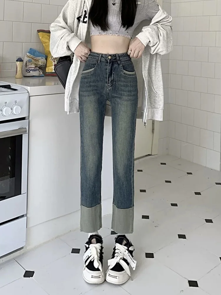 Slim Fit Gerade Bein Elastische Denim Jeans Frauen Sommer Neue Splice Lose Abnehmen Design Einzigartige Kleine Markt Neun Punkt Hosen