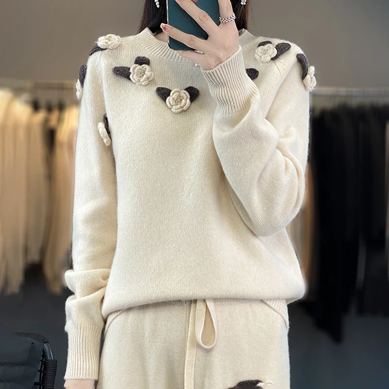 RONGYI Women Suits Sweater+Wide Leg Pants 100% Wool Knitting Pant Autumn Winter Solid Color O-Neck Warm Pullovers For Female