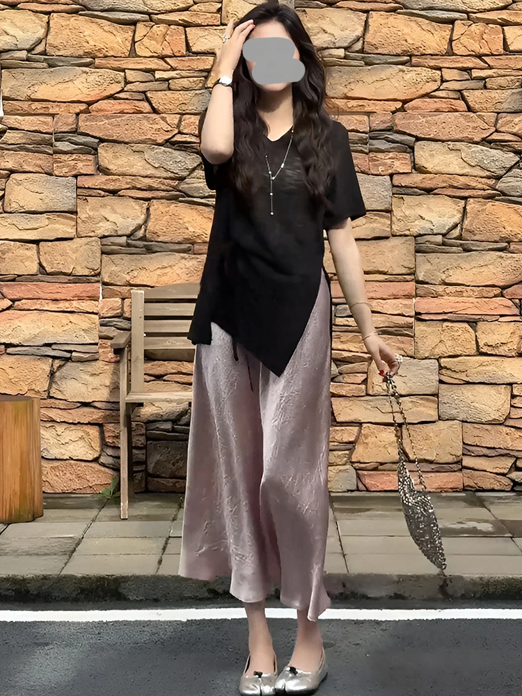 Summer New High Waist A-Line  Skirt And Short Sleeve T-Shirt Asymmetrical Slit Two-Piece Women's Fashion Set Yood Lovees view 5