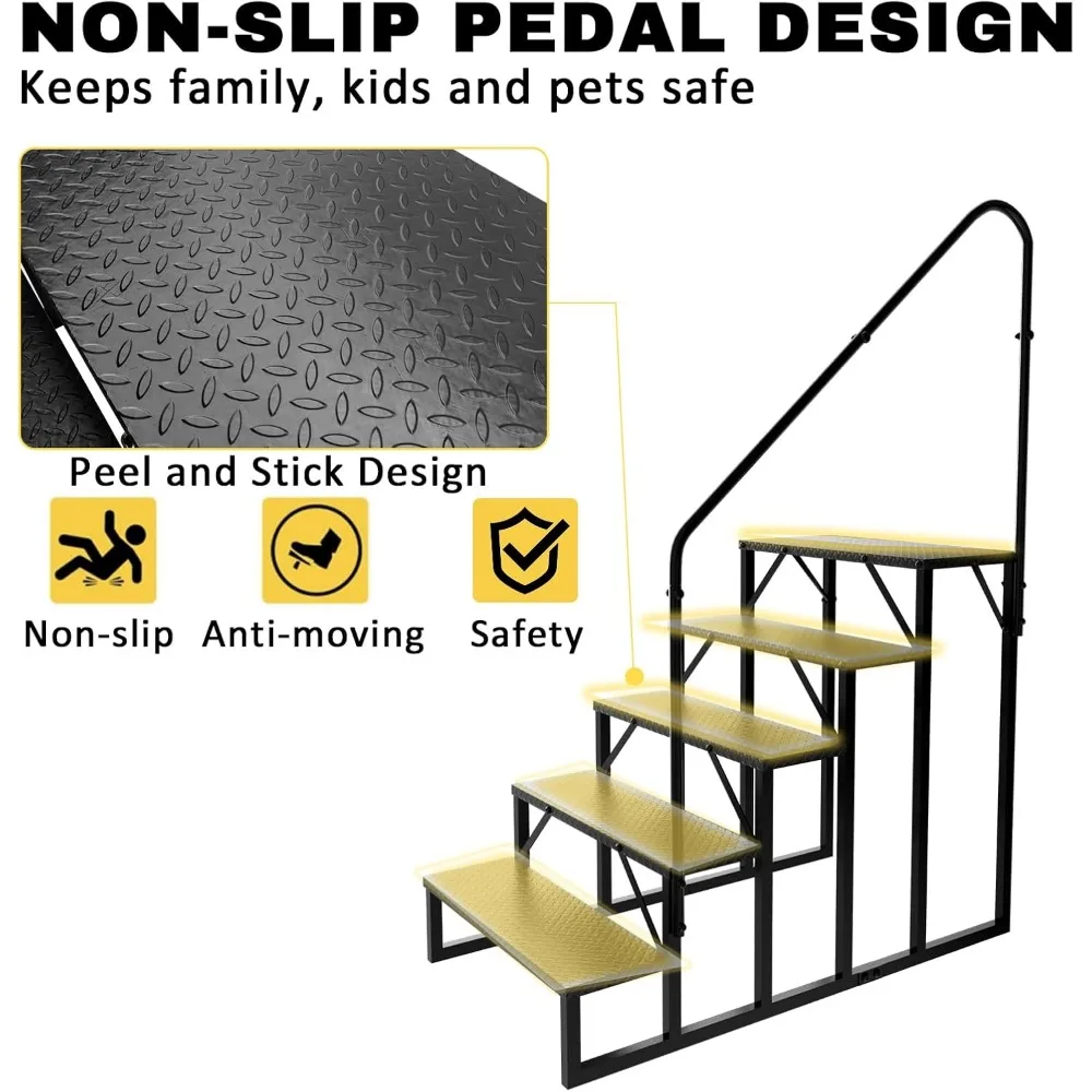 RV Steps with Handrail, Hot Tub Steps Outdoor, 5 Step Ladder Stool, RV Stairs with Anti-Slip Panel, Camper Steps for Spa, Travel