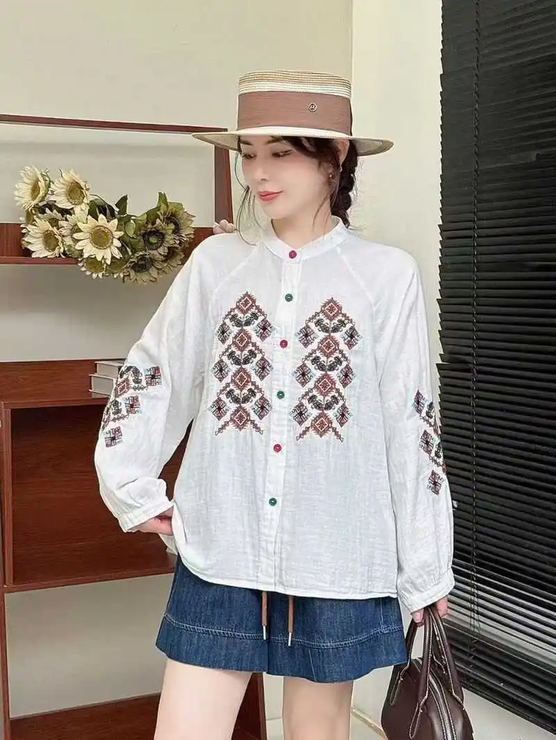 

Ready Stock] High Quality Women 100% Cotton Blouse Shir Autumn New Ethnic Style Embroidered Cardigan Long Sleeve Shirt Loose Top