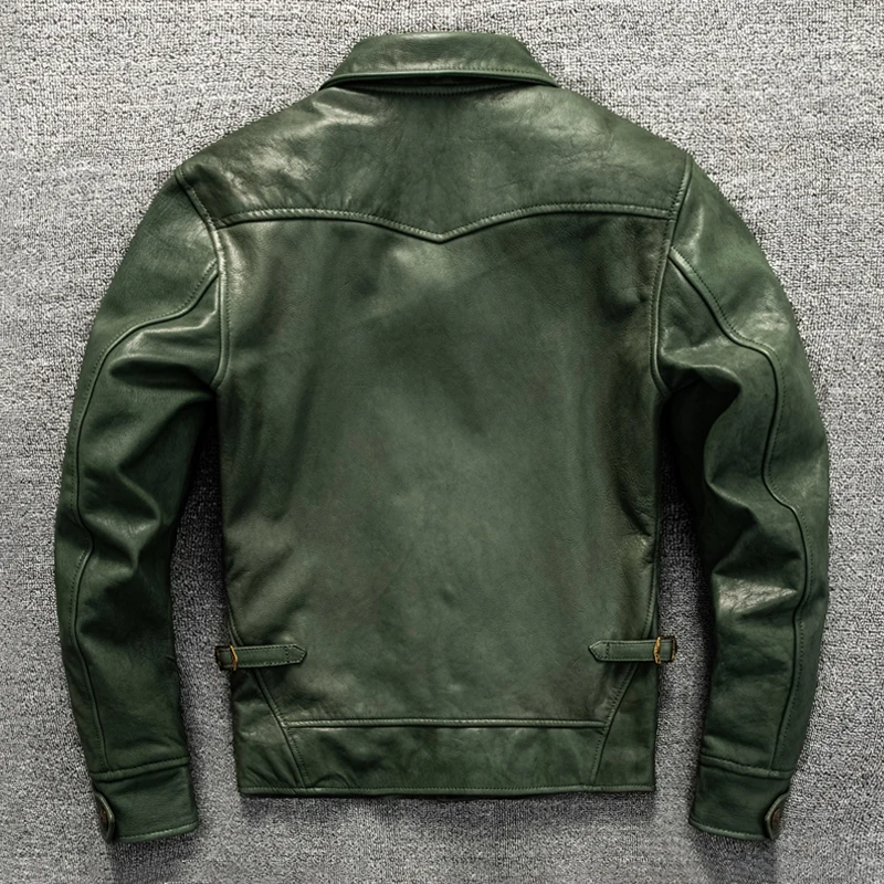 Cossack Green Fruit Collar First Layer Mixed Sheepskin Real Leather Clothes Men Amekaji Wear American Casual Real Leather Jacket