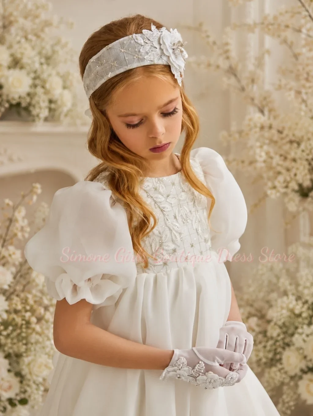 Simone Flower Girls Dresses Vintage Ivory Puffy Appliques Short Sleeve For Wedding First Communion Gowns Infant Christening
