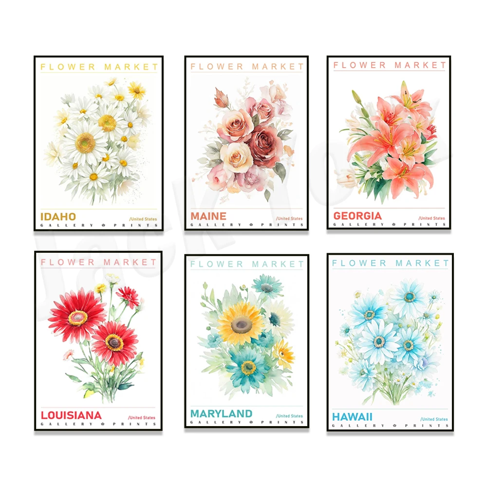 Idaho, Kansas, Maryland, Michigan, Missouri flowers watercolor flower market paint pastel floral poster summer gift neutral plan