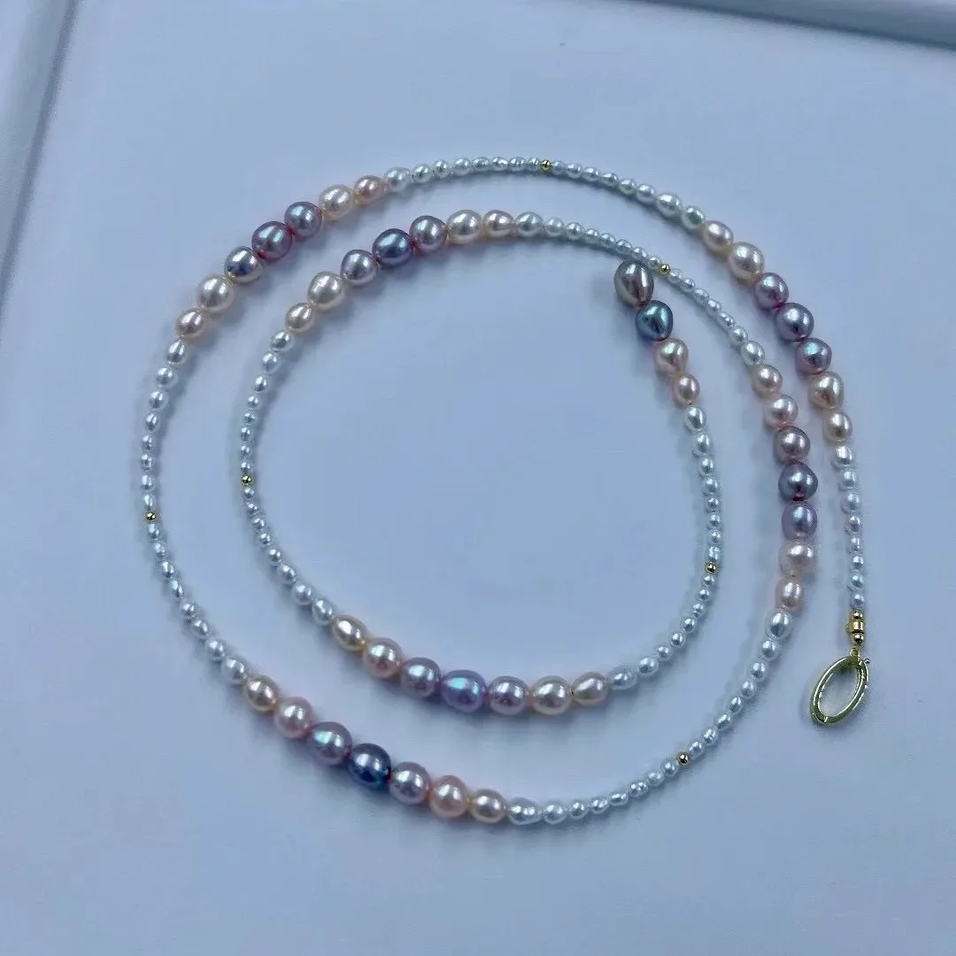 Natural Freshwater Pearl Sweater Necklace, White Pink Purple Gradient 3-7mm Graduated Sizes, Long Versatile Jewelry Gift