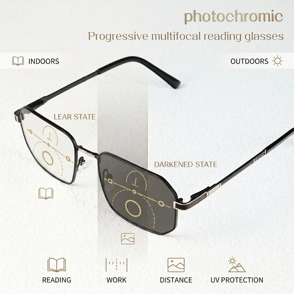 Photochrome, progressive Multifokal-Lesebrille, stilvoller großer Aviator-Rahmen, klare Sicht, angenehm zu tragen, geeignet für Männer und Frauen.