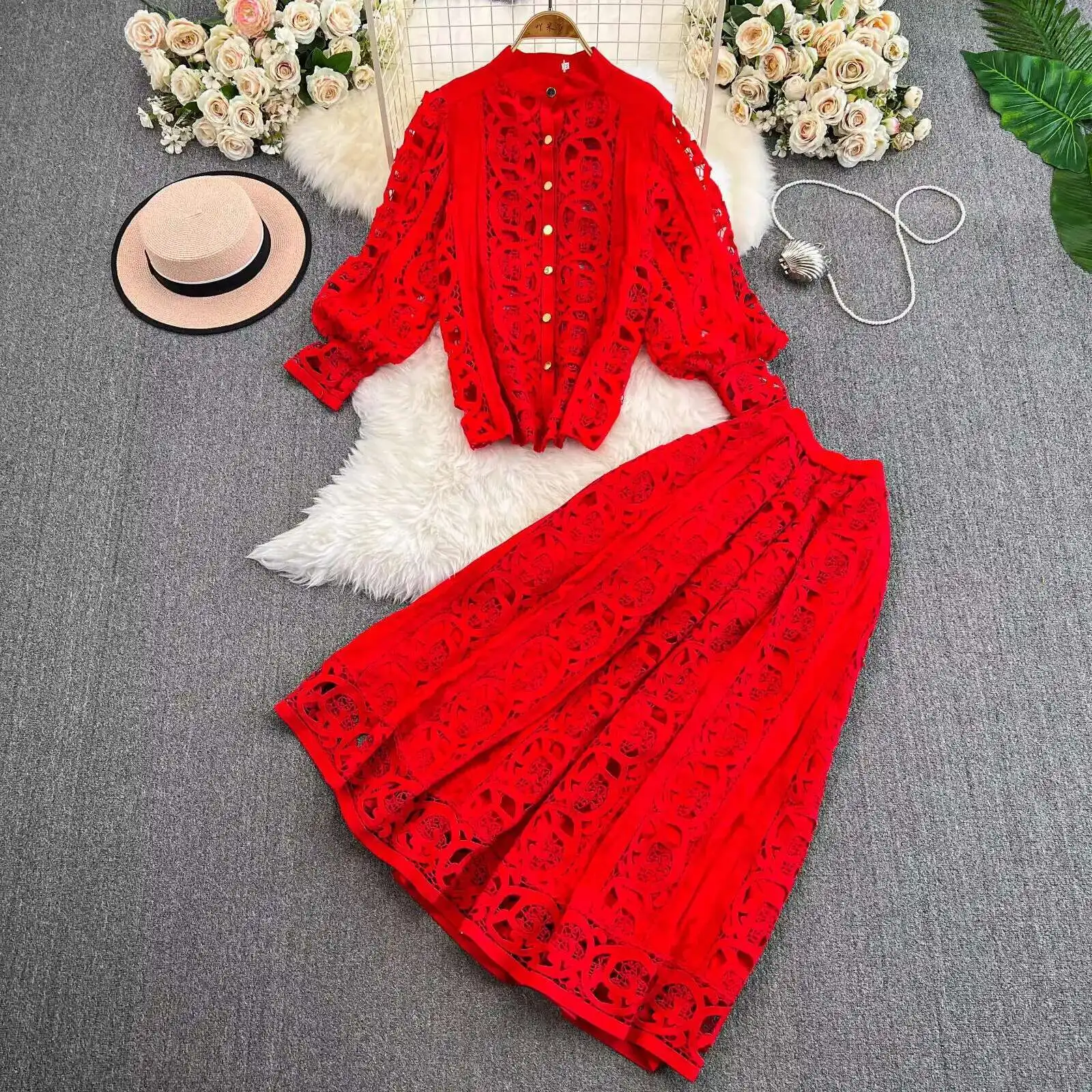 Autumn Crochet White Lace Embroidery 3 Pieces Sets Women Dress Suits Hollow Out Loose Shirt Top Elastic Waist Maxi Skirt Suit image 3