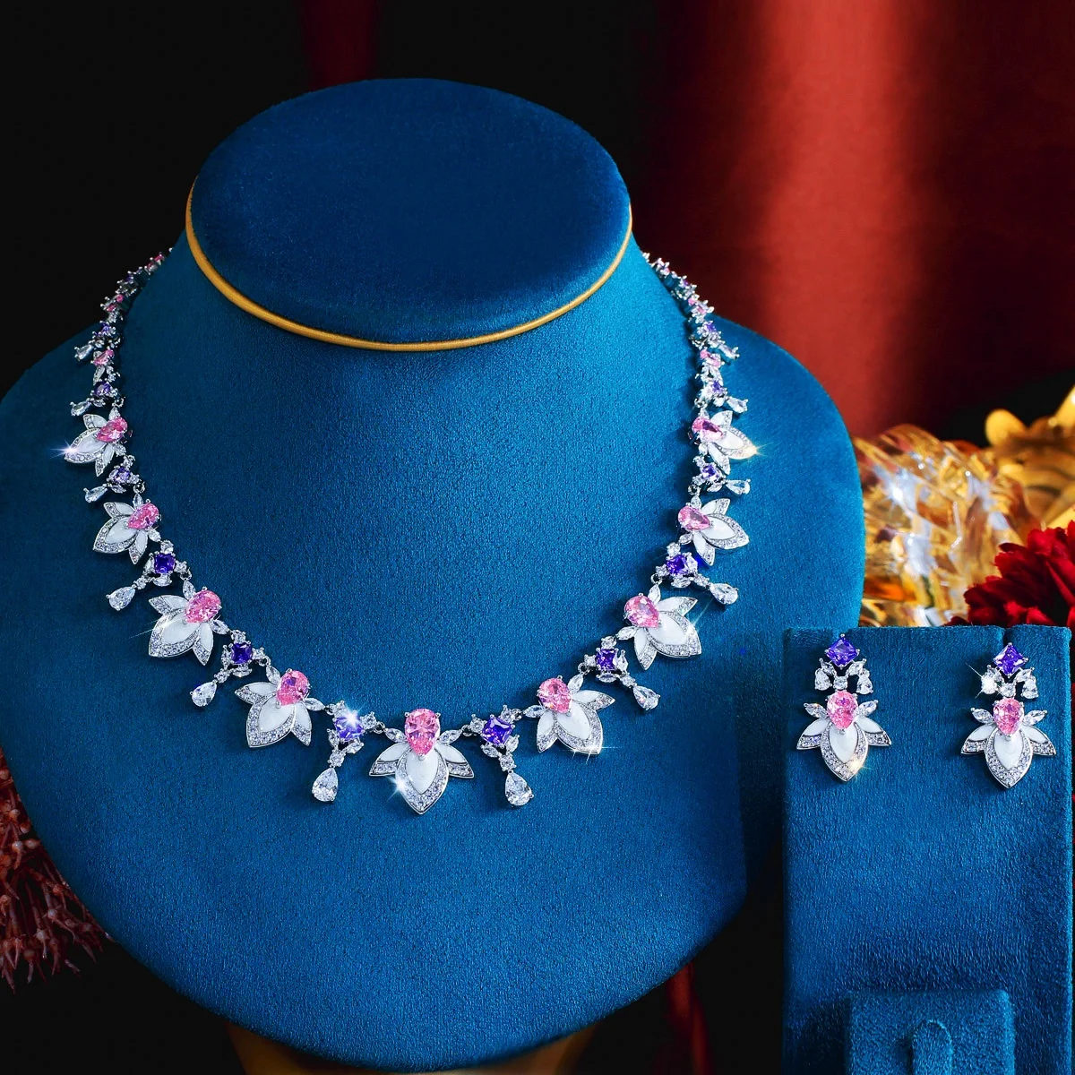 ペラ-エレガント-ピンク-パープル-cz-ホワイト-エナメル-フラワーデザイン-ドロップ-ブライダル-ウェディング-ネックレス-イヤリング-パーティー-ジュエリーセット-花嫁用-j003