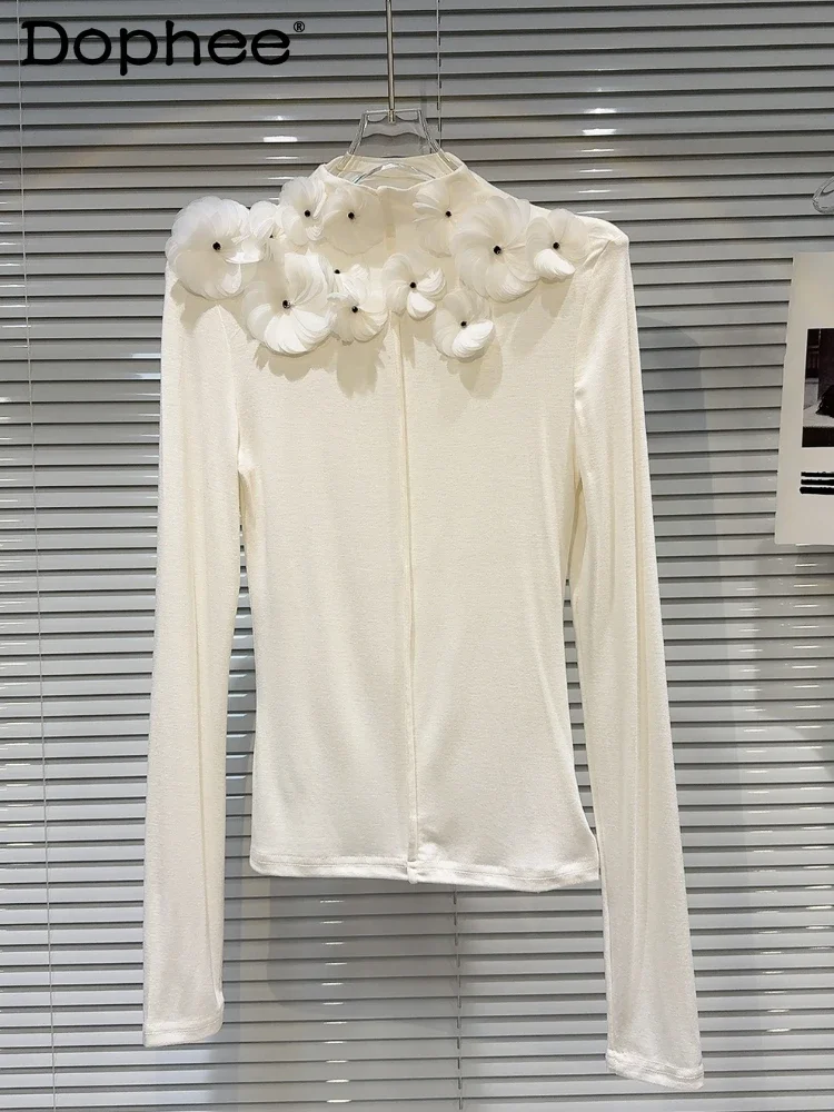

Autumn and Winter New Sweet Chiffon Three-dimensional Flower Decoration Solid Color Slim-fit Long-sleeved T-shirt Women Tops