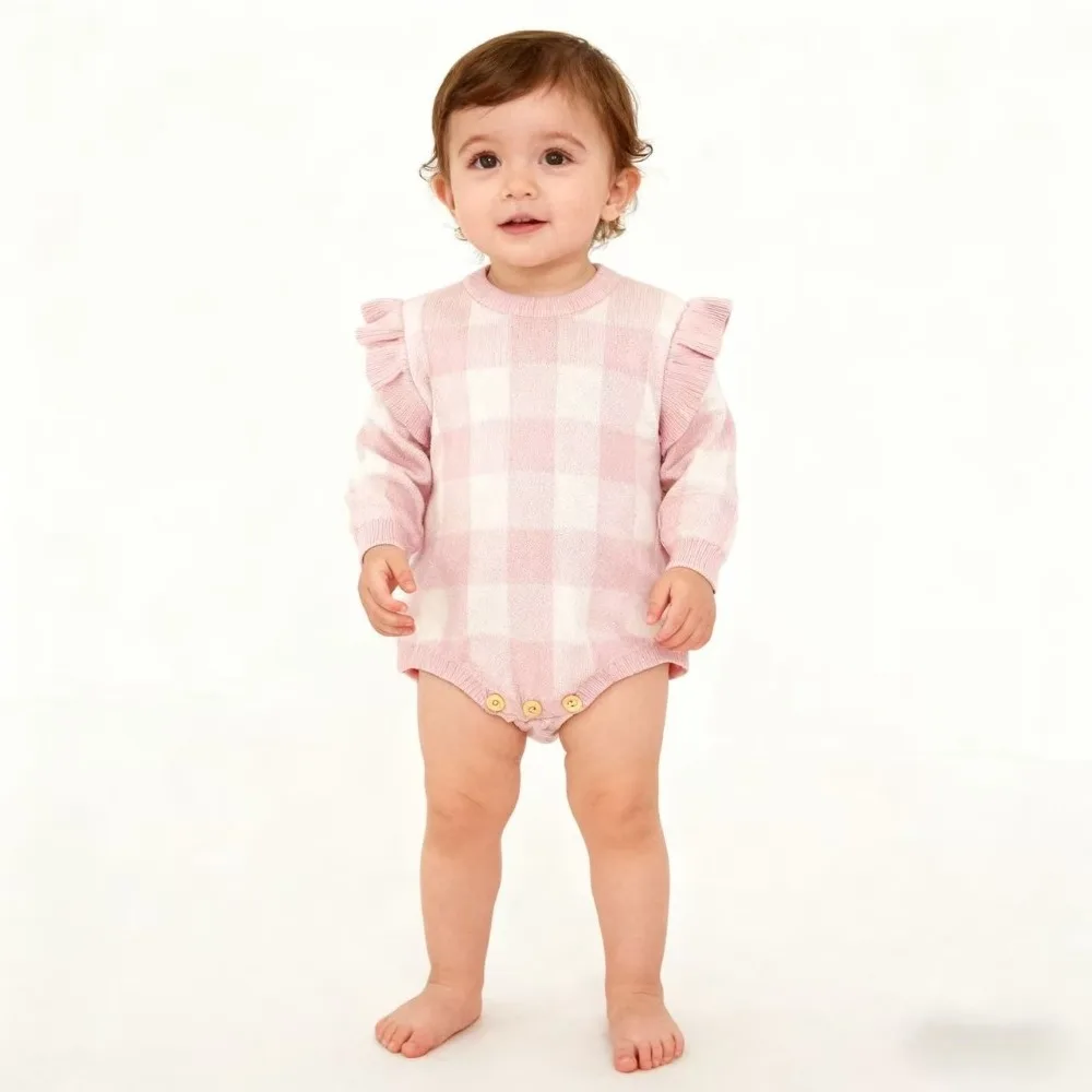 

Осенний свитер для новорожденных девочек, комбинезон, От 0 до 2 лет, милый трикотаж с длинными рукавами, клетчатое боди, одежда для дня рождения
