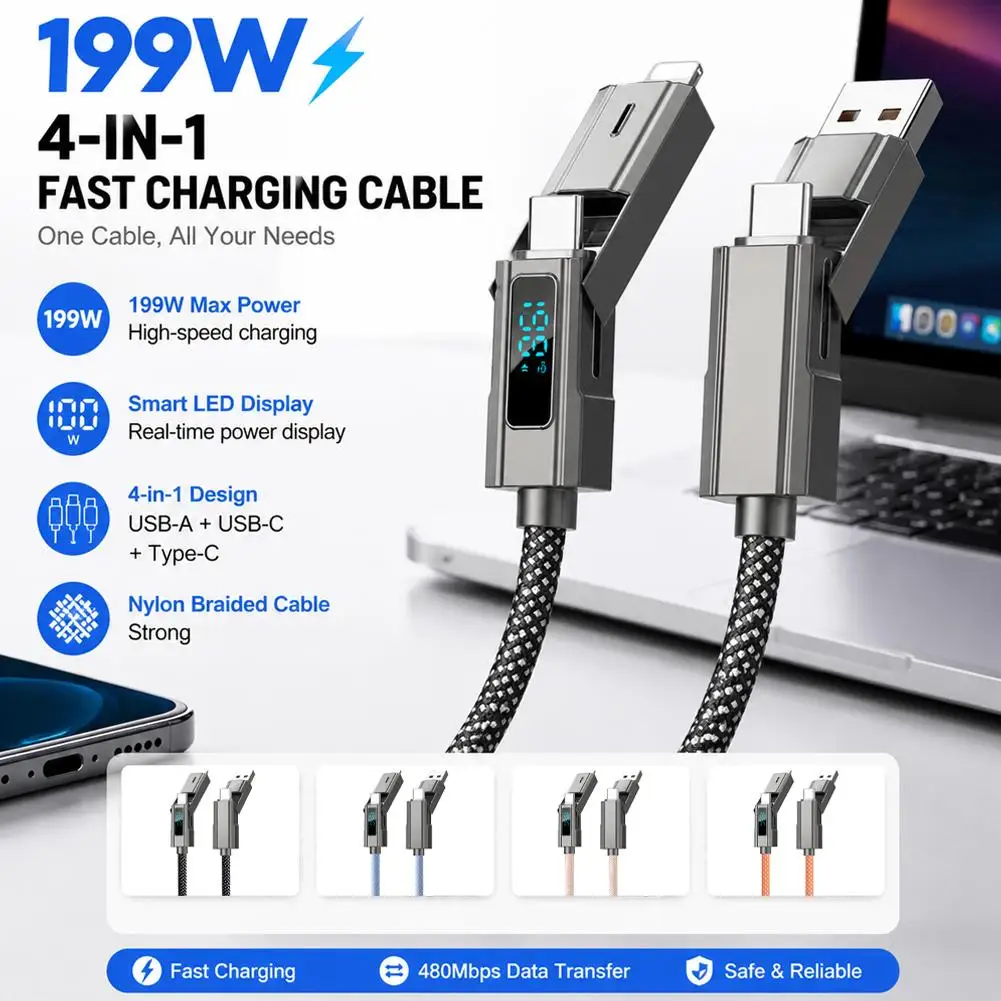 4 In 1 PD 240W USB Type C Data Cable Fast Charging For iPhone 15 14 13 Samsung Xiaomi Redmi OPPO Wire Cable Fast Charger