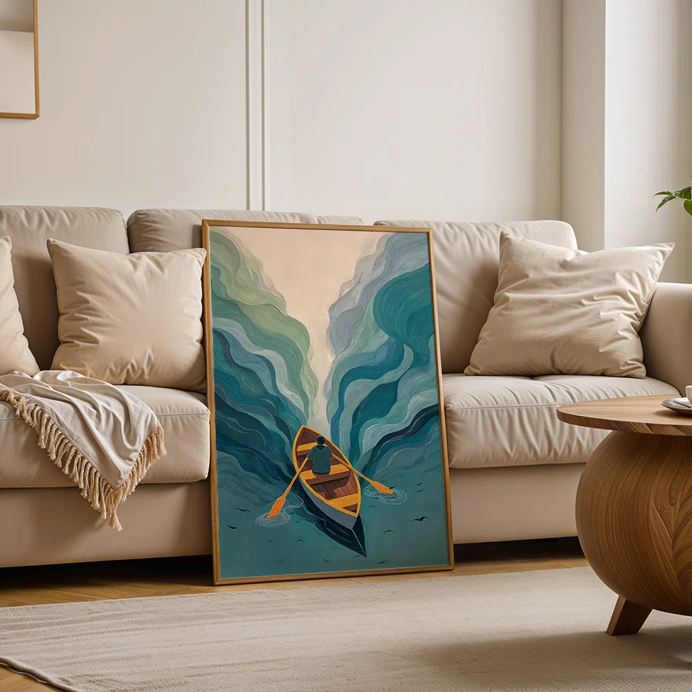 Abstract Man Rowing Boat In Mountain River Canvas Poster Wall Art2D Print Wall Decor,Art Home Decoration For Living Room Bedroo