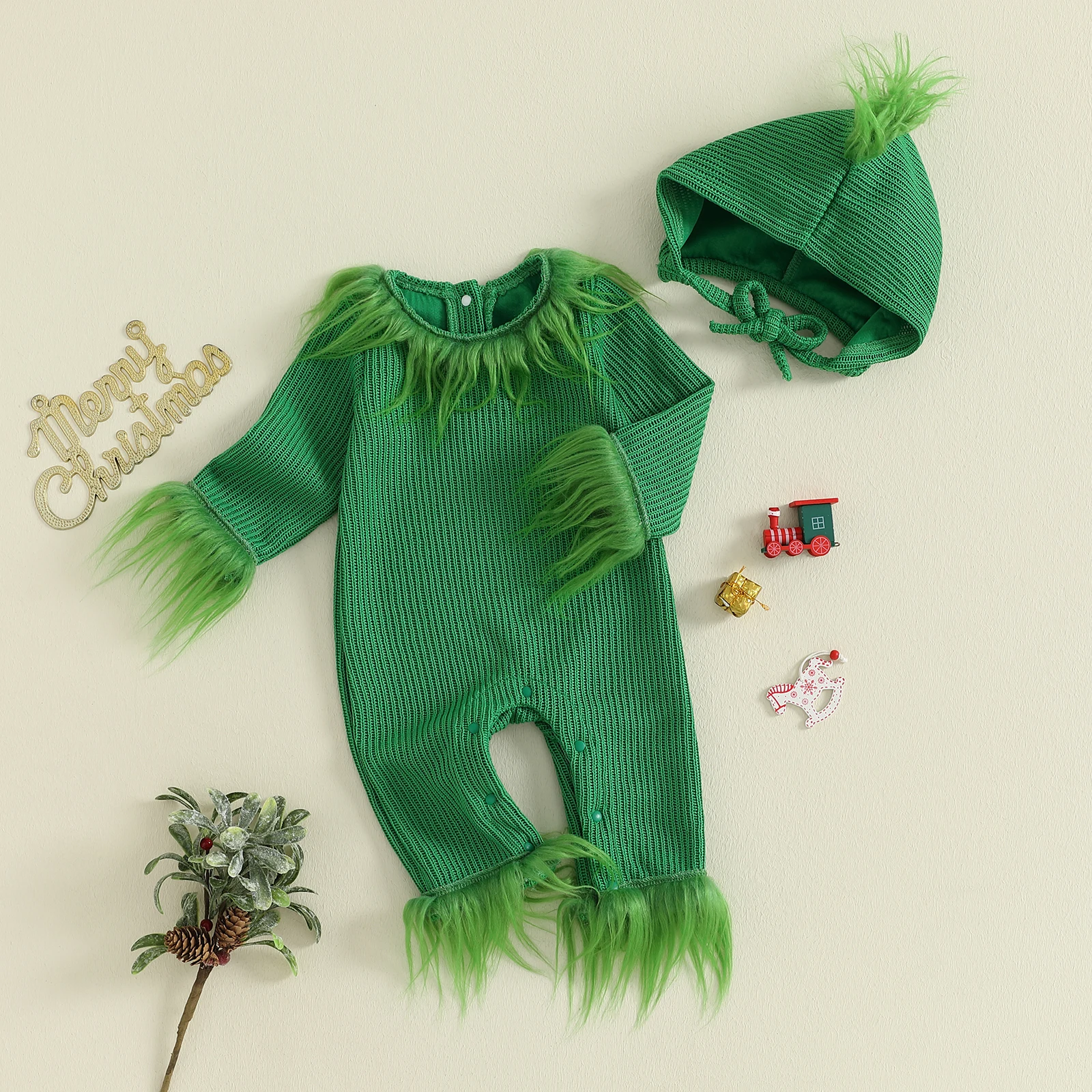 

Baby Boys Sweater Romper Solid Color Fur Trim Long Sleeve Knit Jumpsuit with Hat