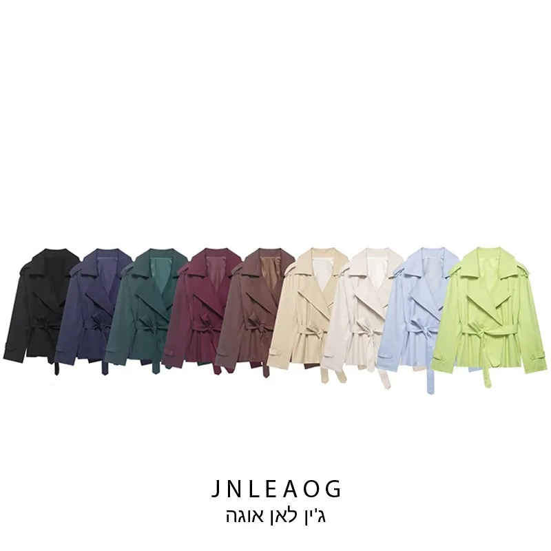 Spring New Arrival Short Style Women's Coat Double Row Button Flip Cover Collar Belt Waist Tie Polyester Fiber Long Sleeve